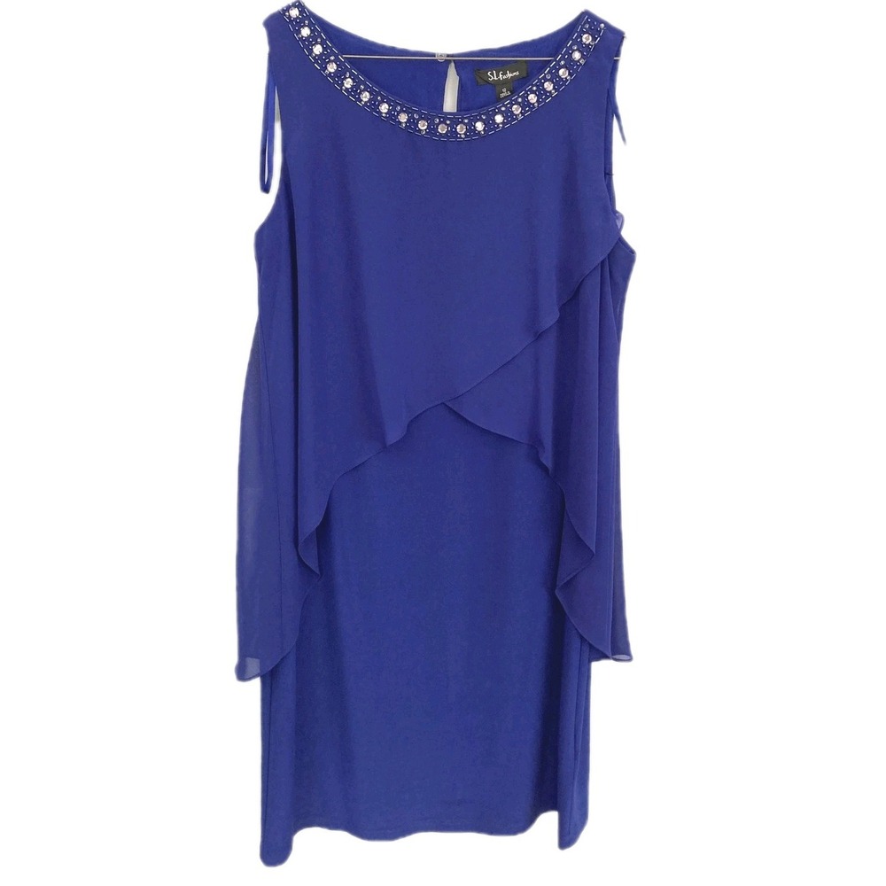 S.L. Fashions Dress Women 12 Blue Beaded Neck Chiffon Overlay Shift Knee Length